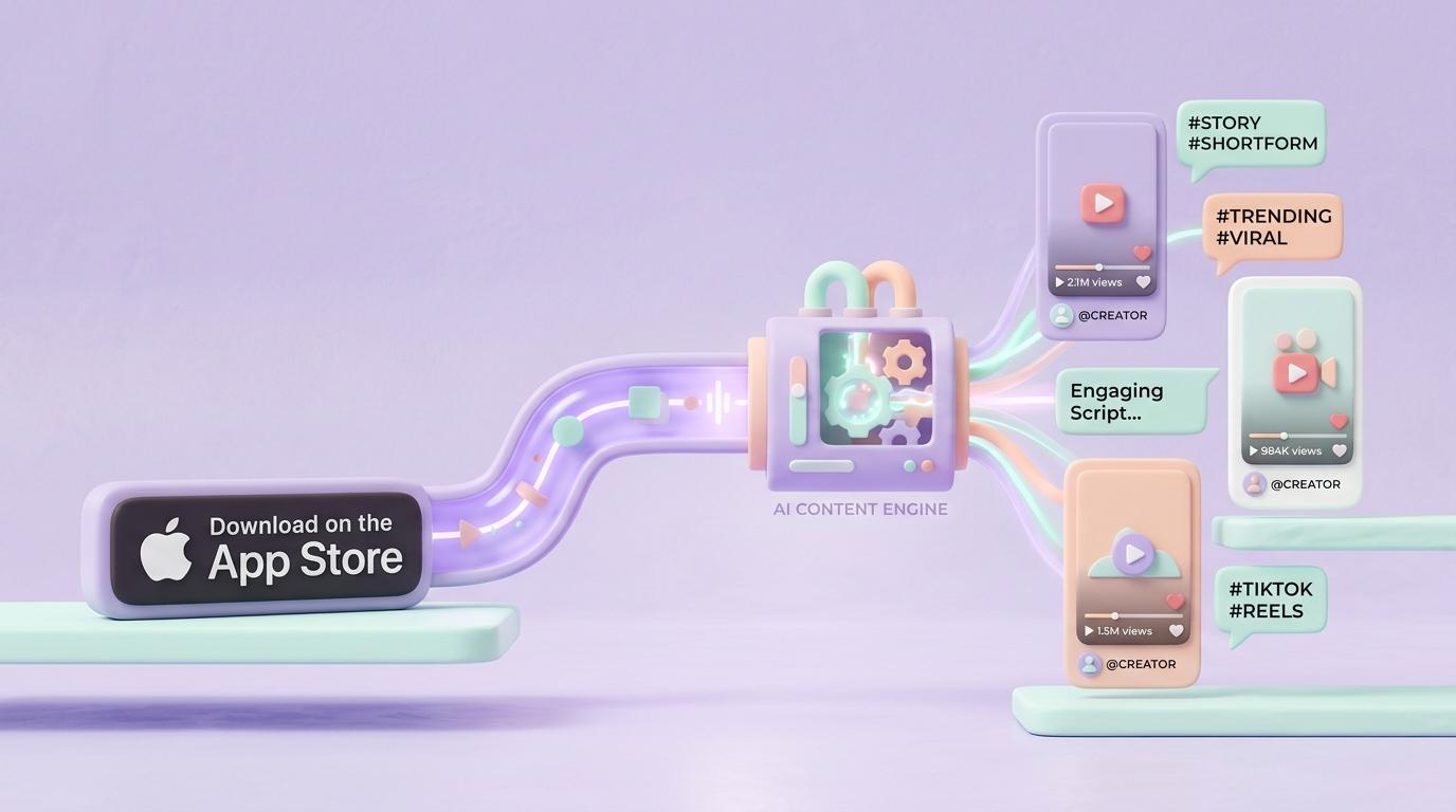 Illustration of an App Store link turning into a ready-to-post video